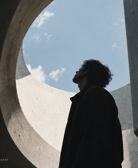 Daylight enters a circular opening above a figure in shadow.