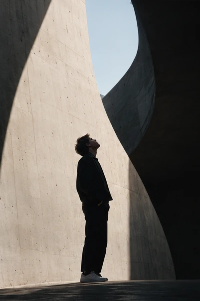 A figure stands beneath a sweeping concrete curve