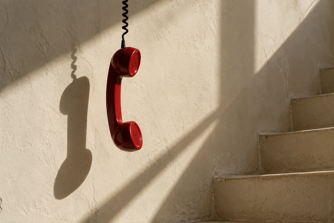 A burgundy telephone receiver suspended beside a sunlit plaster stairway